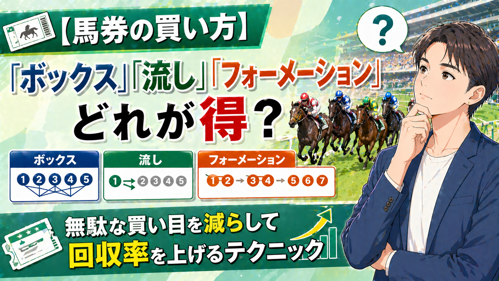【馬券の買い方】「ボックス」「流し」「フォーメーション」どれが得？無駄な買い目を減らして回収率を上げるテクニック