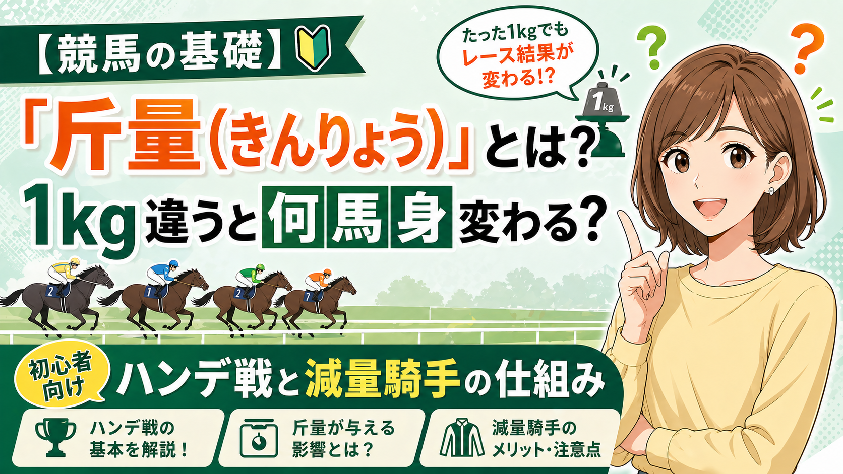 【競馬の基礎】「斤量（きんりょう）」とは？1kg違うと何馬身変わる？初心者向けハンデ戦と減量騎手の仕組み