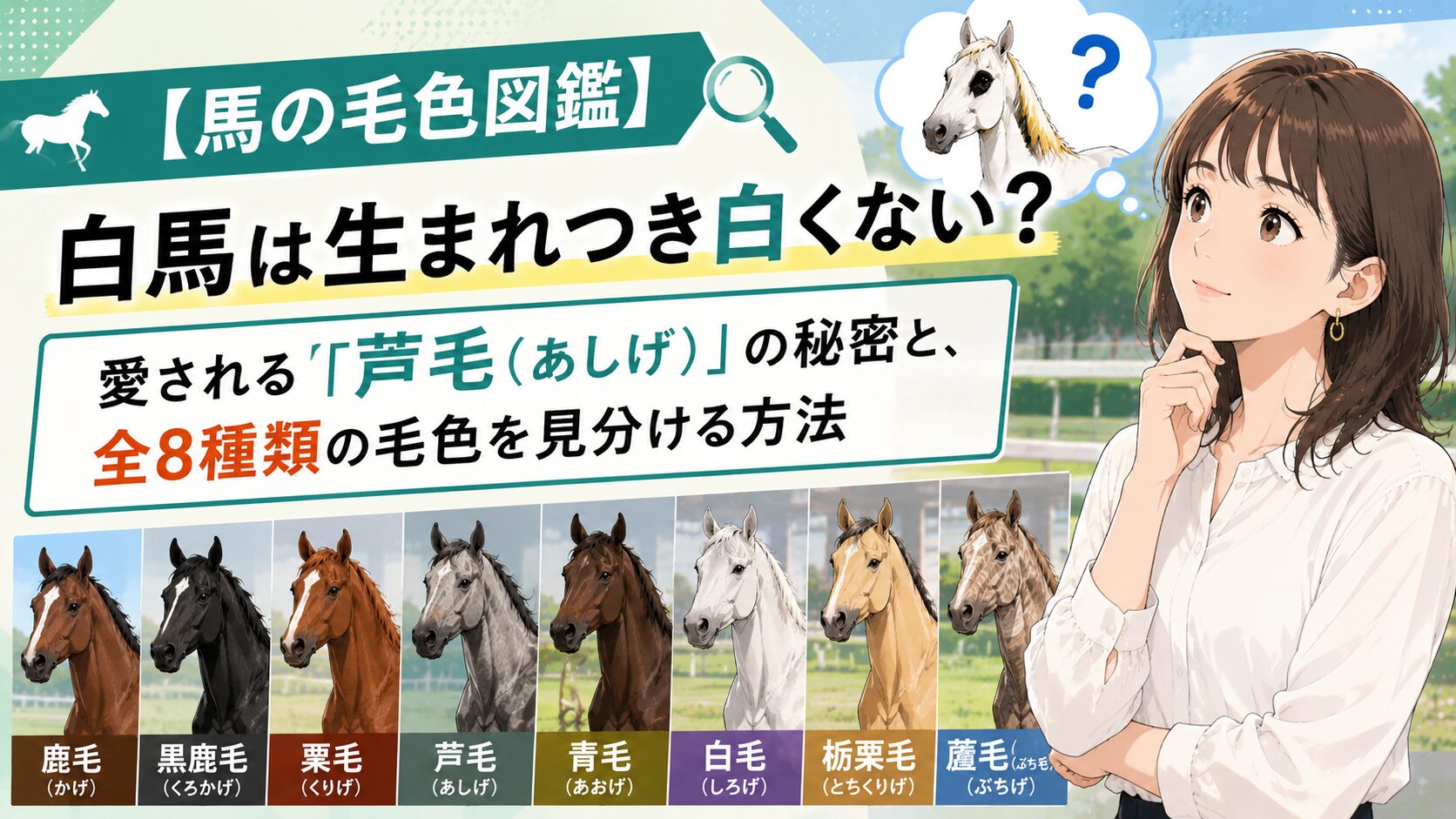 【馬の毛色図鑑】白馬は生まれつき白くない？愛される「芦毛（あしげ）」の秘密と、全8種類の毛色を見分ける方法
